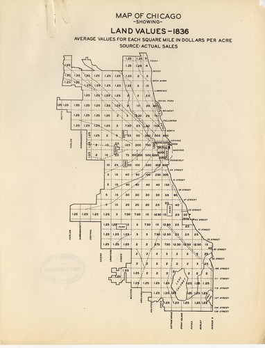 Map of Chicago, showing land values, 1836 : average values for each square mile in dollars per acre.