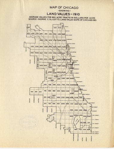 Map of Chicago, showing land values, 1910 : average values for 960 acre tracts in dollars per acre.
