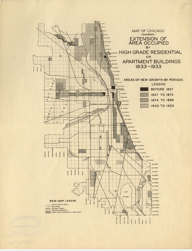 Map of Chicago, showing extension of area occupied by high grade residential or apartment buildings, 1833-1933.