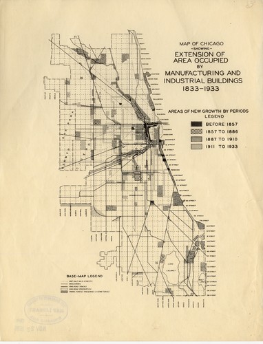 Map of Chicago, showing extension of area occupied by manufacturing and industrial buildings, 1833-1933.
