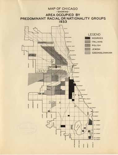 Map of Chicago, showing area occupied by predominant racial or nationality groups, 1933.