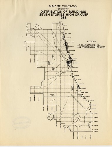 Map of Chicago showing distribution of buildings seven stories high or over, 1933.