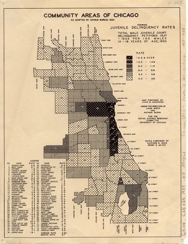 Community areas of Chicago as adopted by Census Bureau, 1930, showing juvenile delinquency rates /