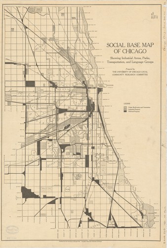 Social base map of Chicago : showing industrial areas, parks, transportation, and language groups /