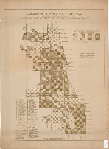 Number of cases of desertion per 100,000 population, 1930 : community areas of Chicago as adopted by Census Bureau, 1930.