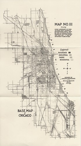 Map no. III showing addresses of 8591 alleged male juvenile delinquents dealt with by the juvenile police probation officers during the year 1927, ten to seventeen years of age /